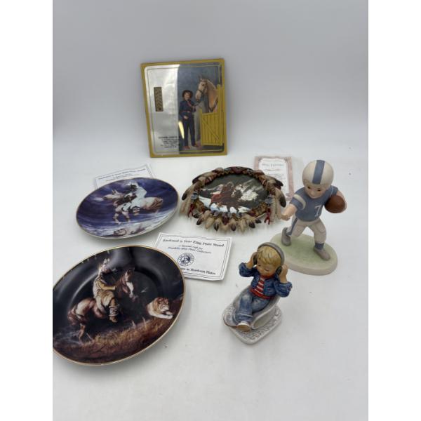Indian Plates, 2 Figurines & Southern Chemical Co Thermometer - Plate Stands - Blue Thunder Plate