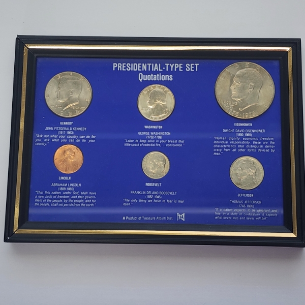 Presidential -Type Set: Framed Collection of Six U.S. Coins with Notable Presidential Quotations 