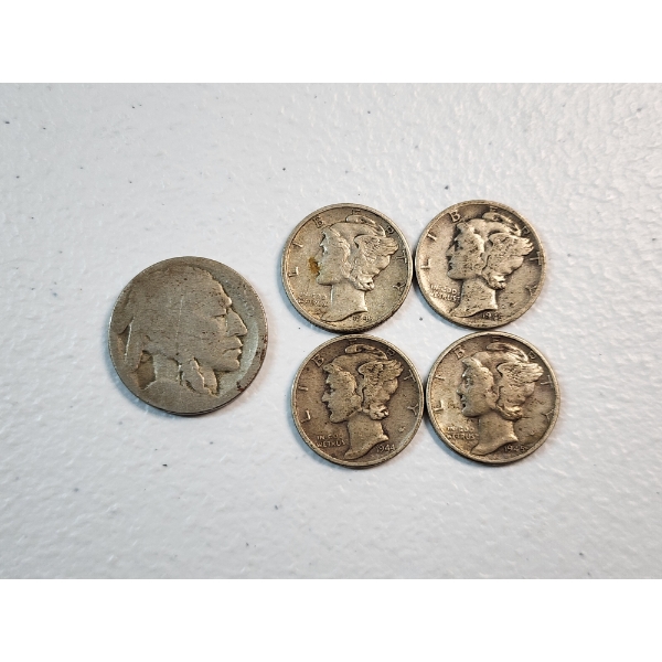 U.S. Coins: (1) Buffalo Nickel & (4) 90% Silver Mercury Dimes FV: $0.45