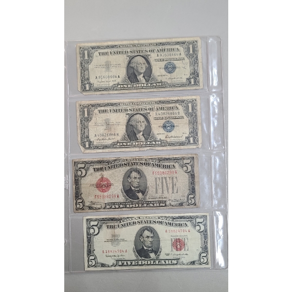 (2) $1 Silver Certificates & (2) $5 Red Seal Bank Notes - Face Value: $12.00