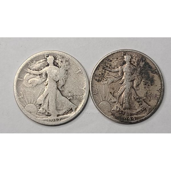 United States 1917-S & 1944 Walking Liberty 90% Silver Half Dollars - Face Value: $1.00