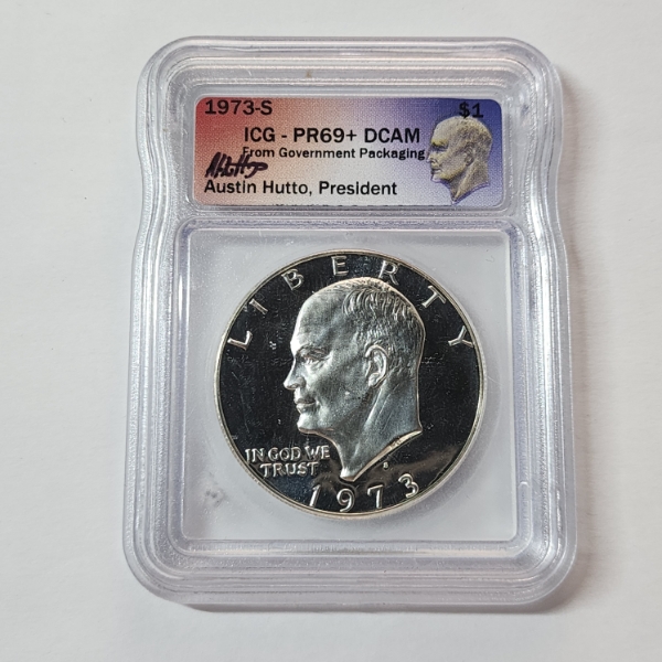 ICG PR 69+ DCAM From Government Packaging 1973-S Eisenhower Dollar Signed by Austin Hutto