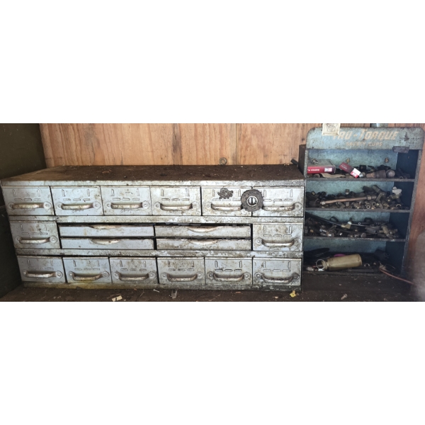 Large Metal 18 Drawer Storage full of Fasteners and More Plus Metal Shelf with Fittings