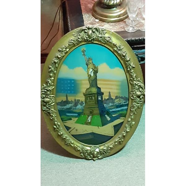 Antique ART - Oval Wood Frame with curved Reverse Painted Glass - Statue Of Liberty  - 25" x 19"