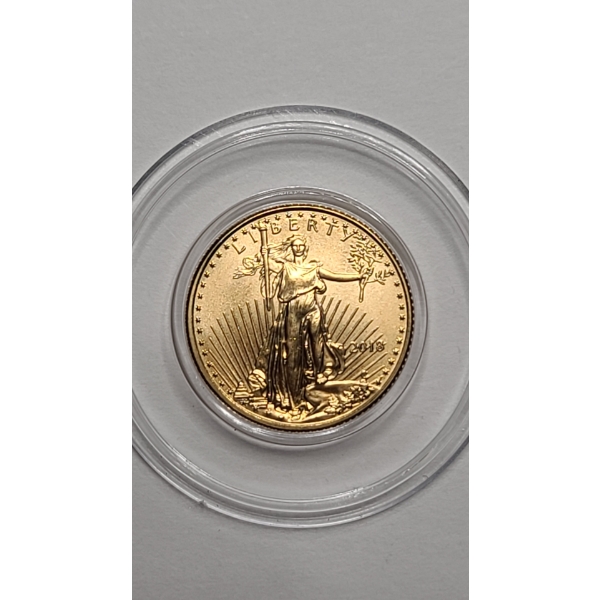  U.S 2018 $5 Saint-Gaudens 1/10 Oz American 91.67% Gold Eagle Coin In Coin Capsule -AGW: 0.1000 oz