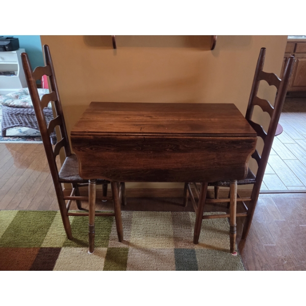 Louisville Home Pickup - Antique Solid Wood Drop Down Table & 2 Ladder Back Rattan Seat Chairs - EX!
