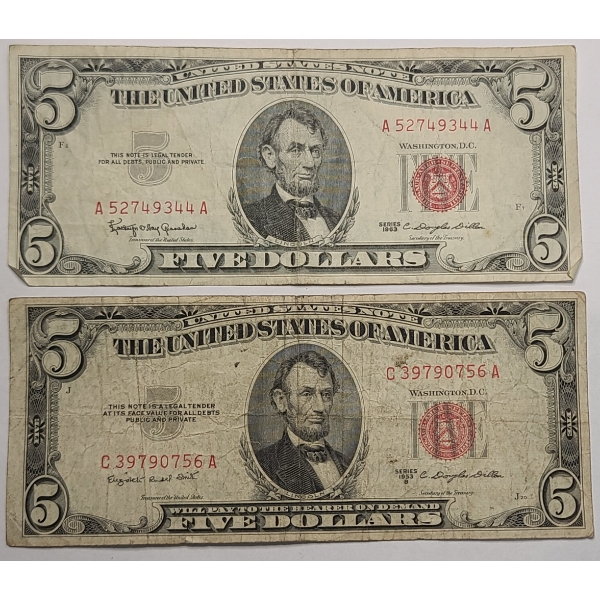 (2) U.S Series 1963 B & 1963 $5 Red Seal Bank Notes - Face Value: $10