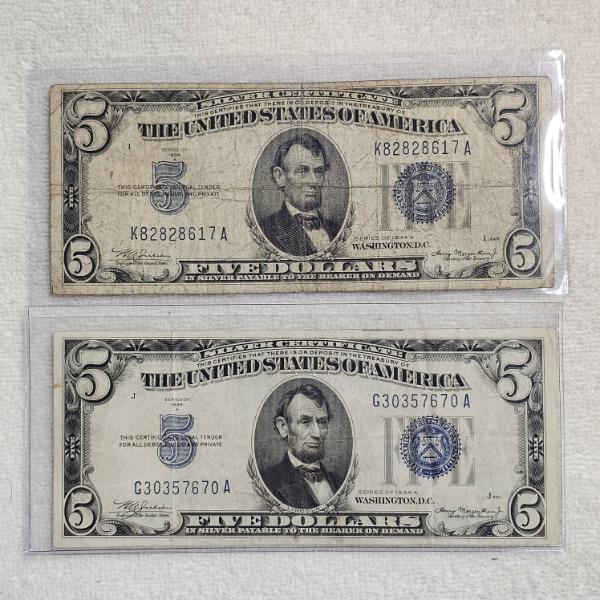 Two Series 1934 $5 Silver Certificates FV: $10.00
