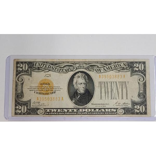 United States Series 1928 (not 1923) $20 Gold Certificate Note With Woods And Mellon Signatures