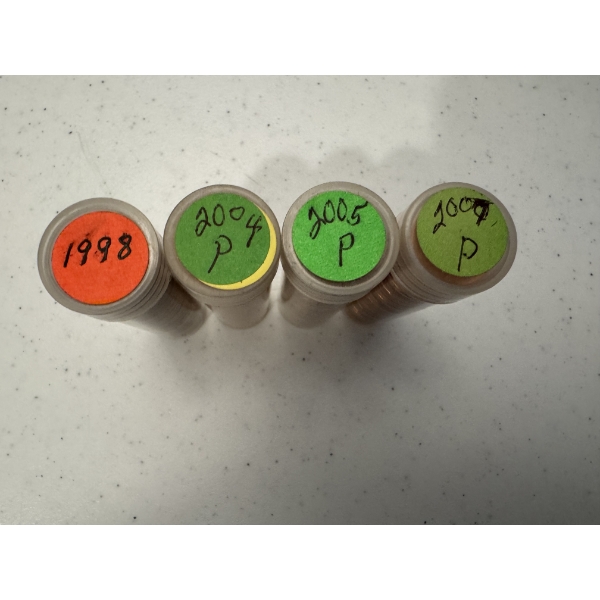 4 Rolls Of United States Lincoln Pennies - 1998, 2004, 2005 & 2007 - Brilliant Uncirculated 
