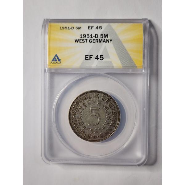 ANACS EF45 Graded 1951-D 5M West Germany Silver Coin - 62.5% Silver