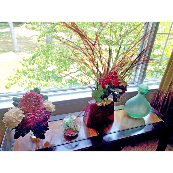 Floral Grouping On Table Including Frosted Lime Green Decanter - All Excellent