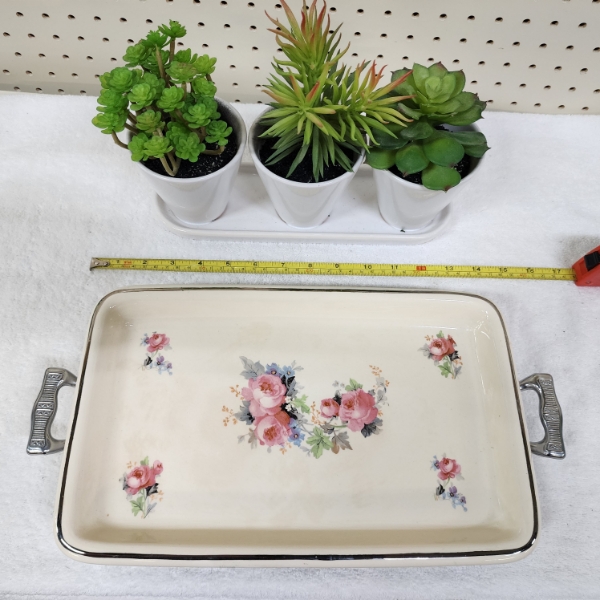 Home Decor Lot Featuring Ceramic Planters W/ Faux Plants & Decorative Over Safe Platter with Holding