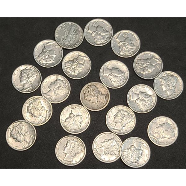 Assorted Years/Mint Marks 90% Silver Mercury Dimes - Face Value: $2.20