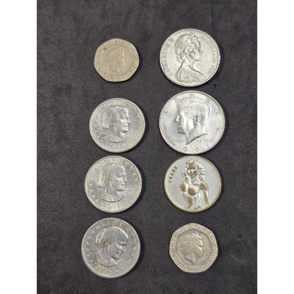 (7) Coins and (1) Token incl (1) Kennedy Half,, (3) Susan B Anthony $1s and more