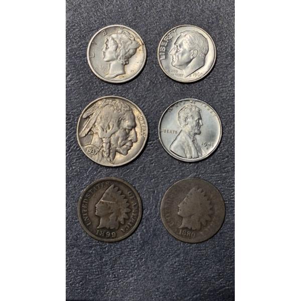 6 Pcs - Assorted Coins - Incl Silver Dimes - See Description For Details