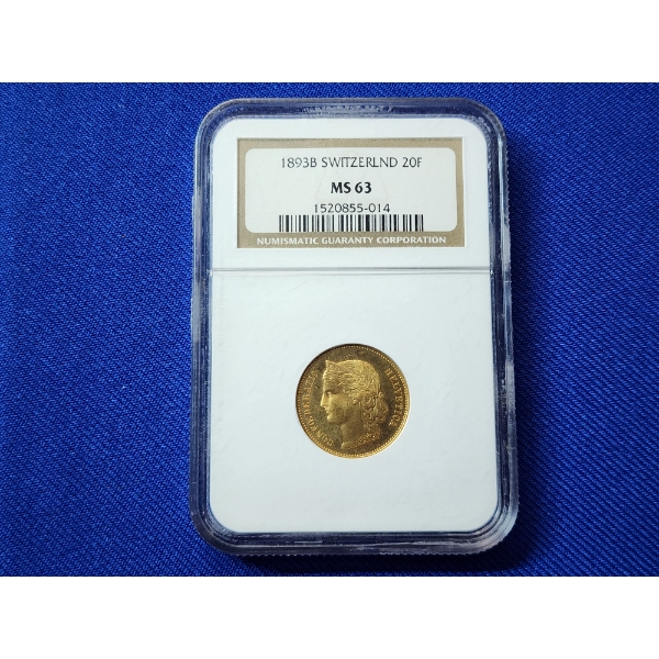 Stunning 1893-B Switzerland 20 Francs Gold Coin AGW: 0.1867 oz (Approx) 