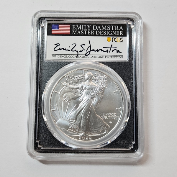 PCGS Graded MS70 2022 American Silver Eagle - FDOI Signed by Damstra - 1 oz .999 Fine Silver