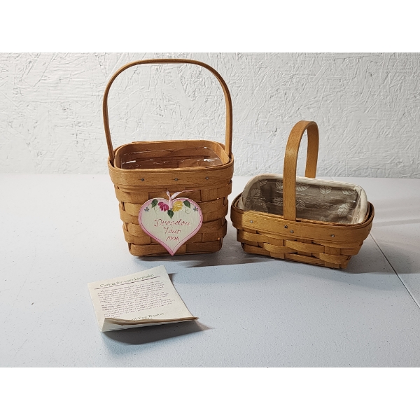 (2) Longaberger Baskets: Dresden Tour Basket & Small Basket - Plastic Liners in Both