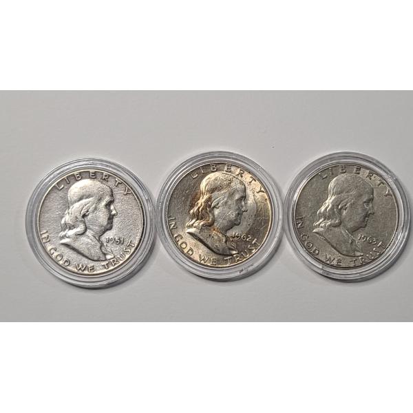 United States 1951, 1962, 1963 90% Silver Franklin Half Dollars - Face Value: $1.50