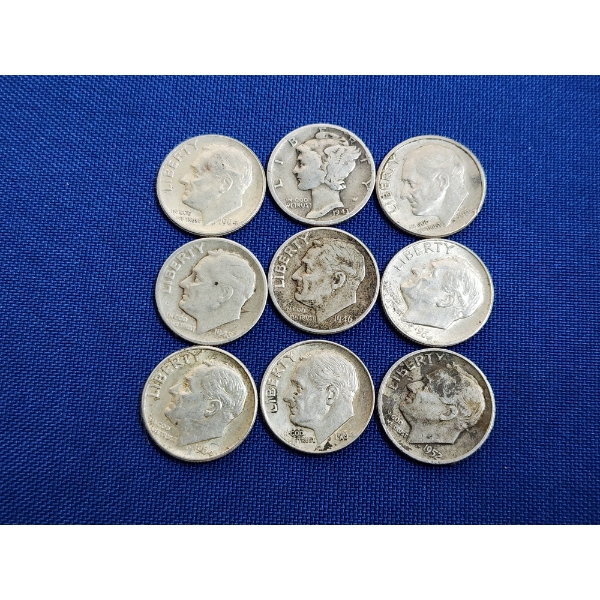 x9 Assorted Years 90% Silver Dimes Face Value: $0.90