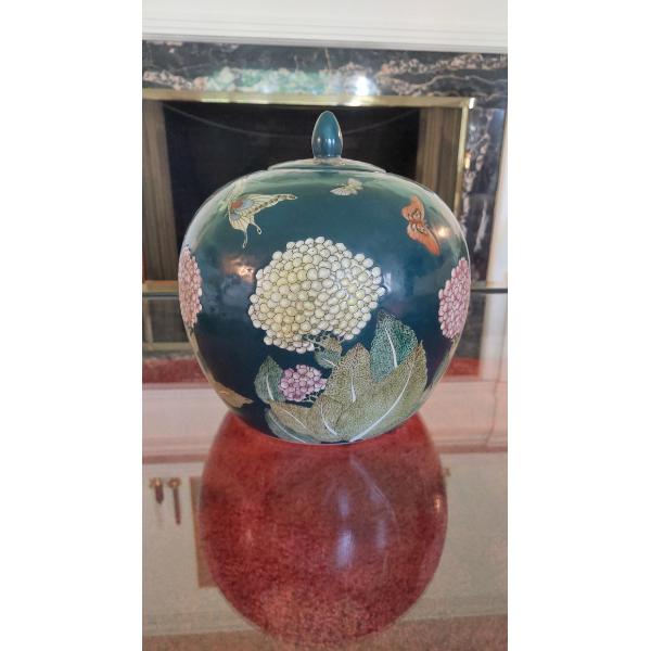 Gorgeous10" x 10" Porcelain Lidded Chinese Storage Jar With Colorful Oriental Florals & Butterflies