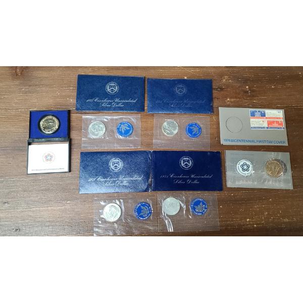 (4) Eisenhower Uncirc Silver Dollars, 1974 Bicentennial Comm Medal & 1974 First Day Cover Medal