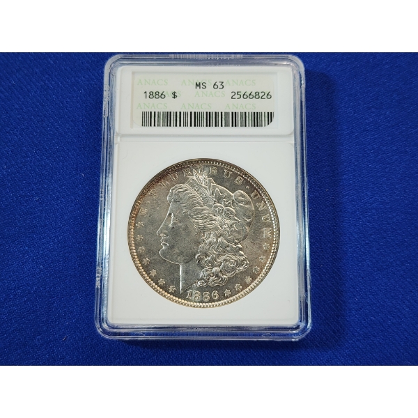 1886 90% Silver Morgan Dollar Graded by ANACS MS 63