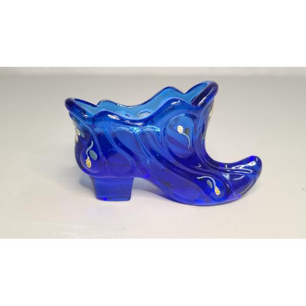 Vintage Fenton Cobalt Blue Hand Painted Artist Signed Glass Shoe