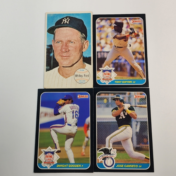 Four Large-Size Baseball Cards: Whitey Ford, Tony Gwynn, Dwight Gooden, Jose Canseco
