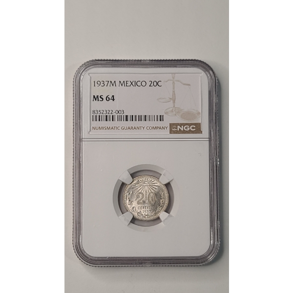 NGC 1937-M MS64 Mexico 20 Centavos 72% Silver Coin
