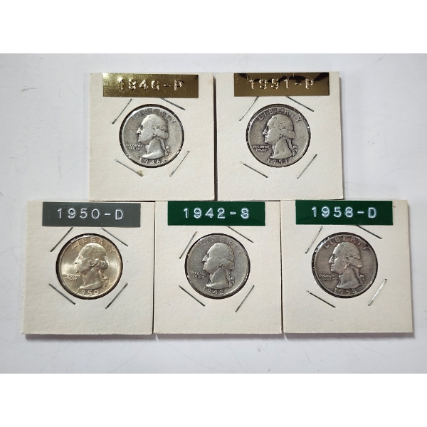 x5 Assorted Years 90% Silver Washington Quarters FV: $1.25