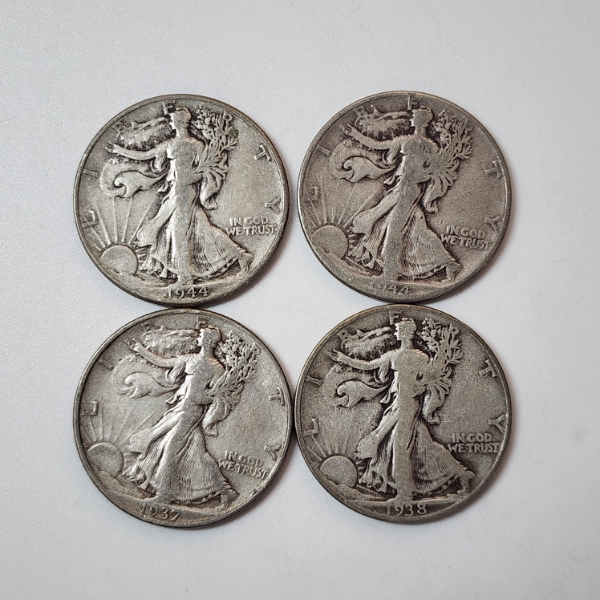 Four Assorted Years United States 90% Silver Walking Liberty Half Dollars - Face Value: $2.00