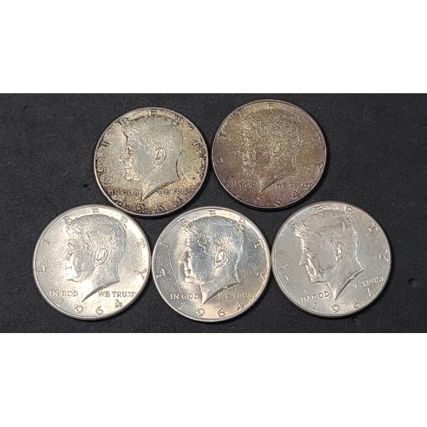 (5) 1964 90% Silver Kennedy Half Dollar - Face Value: $2.50