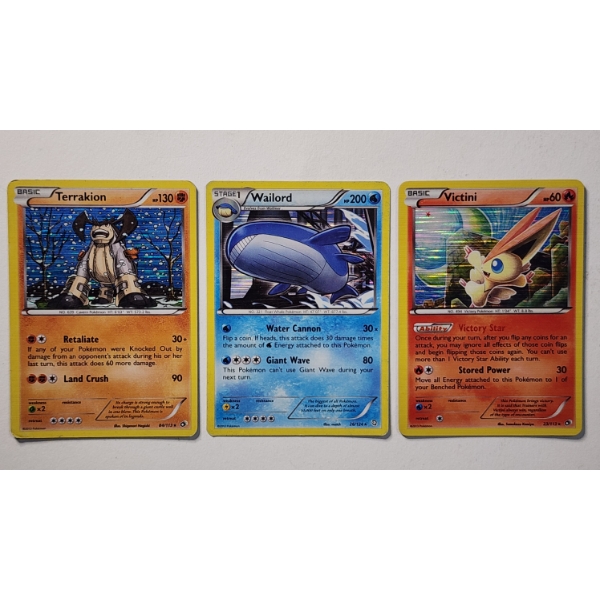 Three Vintage Holo Rare Pokemon Trading Cards Ft. Terrakion, Wailord & Victini