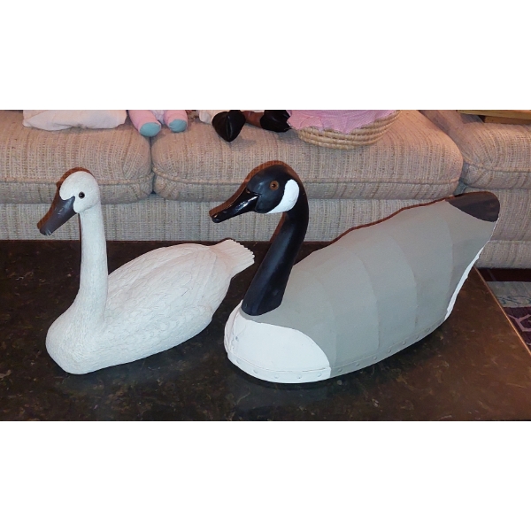 Pair Large Signed Duck & Goose Decoys - Bud Green (Goose) 22" Long - Duck: 16" Signed Also See Pics