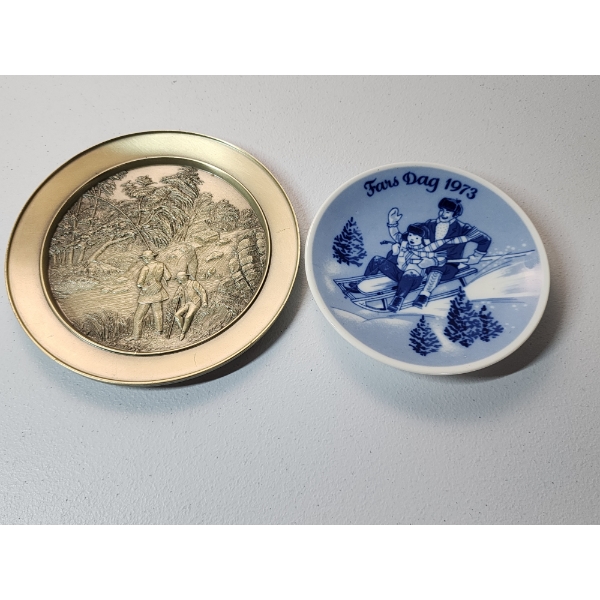 x2 Decorative Plates: Fans Dag Sled Riding 1973 & Currier & Ives The Trout Stream 1977 