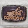 Image 6 : Five Vintage Industrial and Corporate Advertising Brass and Tooled Leather Belt Buckles