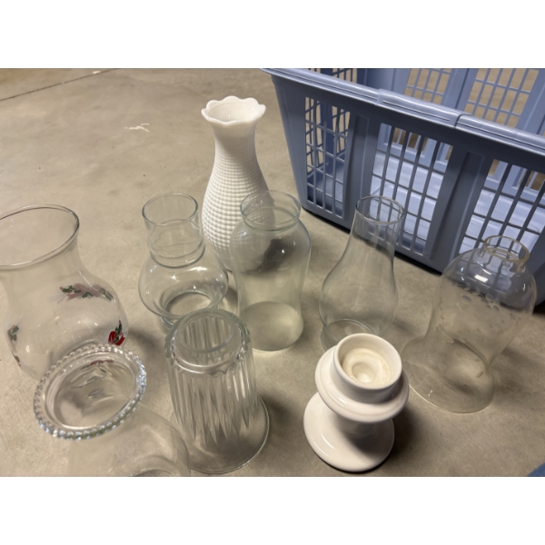 *Pick Up At Mantua Home-No Shipping Available*  - Glass Hurricane Lamp Globes in Laundry Basket