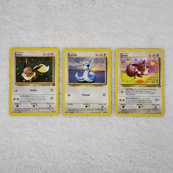 Three Assorted Vintage Early Set Pokemon Trading Cards Ft. Two Eevee & A Dratini ~ ALL MINT