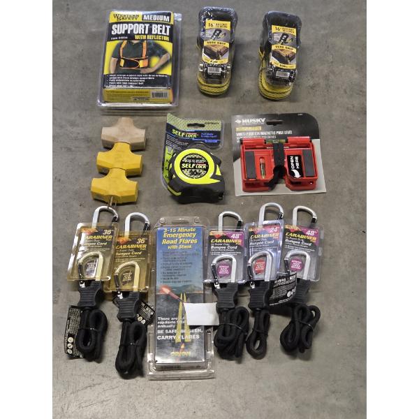 All New! 16'' Ratchet Straps, Husky Level, Bungee Carabiners, Tape Measure & More