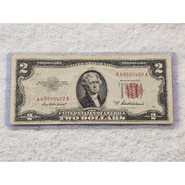 U.S. 1953 $2 Red Seal Bank Note in Protective Casing