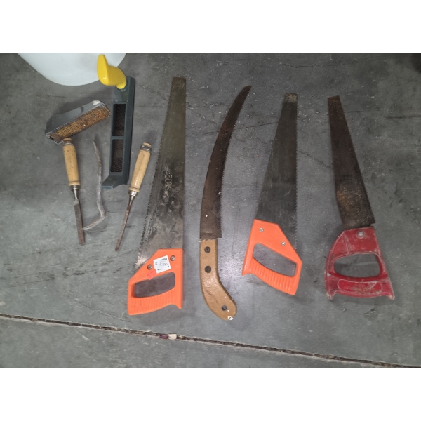 16" & 20" Hand Saws And Assorted Hand Tools With 5 Gallon Bucket