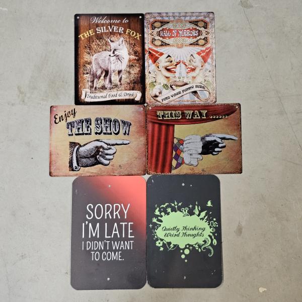 Set Of 6 Assorted Vintage Style Novelty Metal Tin Signs (9x6")