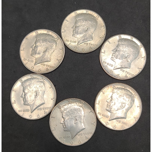 (6) 1964 90% Silver Kennedy Half Dollars - Face Value: $3.00