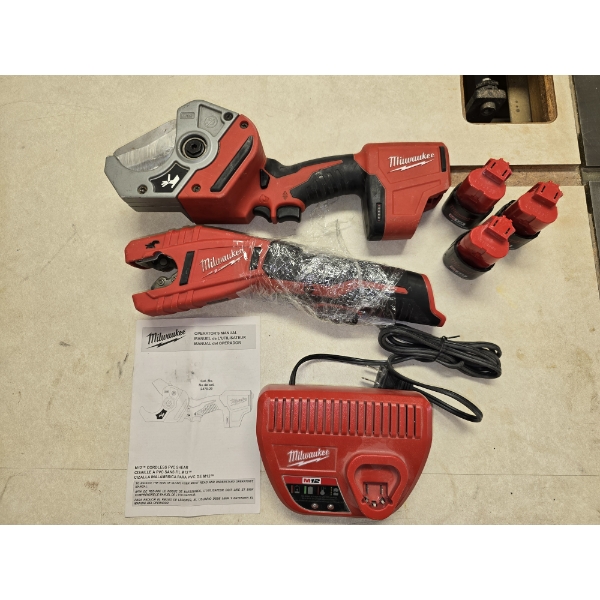 Milwaukee (2) Pipe Cutters (PVC & Copper), (3) Batteries, (1) Charger