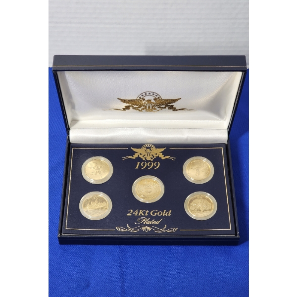 1999 U.S. 24K Gold-Plated State Quarter Collection, 5 Coins in Display 