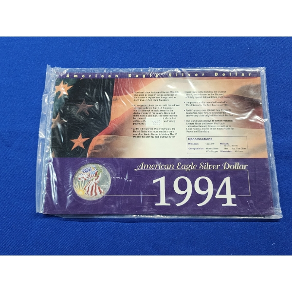 1994 American Silver Eagle - 1 oz .999 Fine Silver, Colorized Coin w/ Info Card & COA