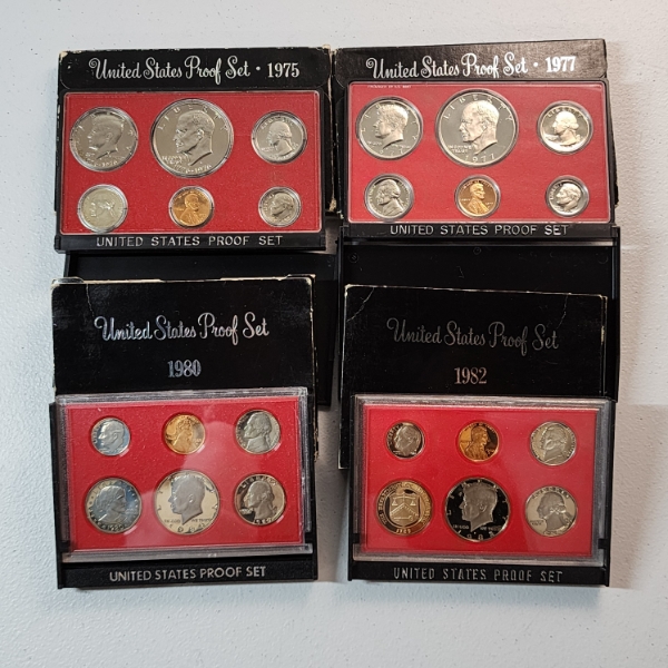 Four United States Mint Proof Sets: 1975, 1977, 1980, 1982