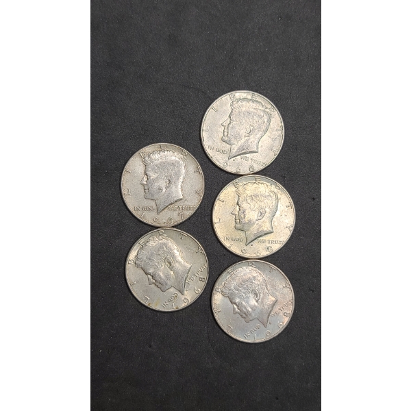 (5) 1967/1968 40% Silver Kennedy Half Dollars - Face Value: $2.50